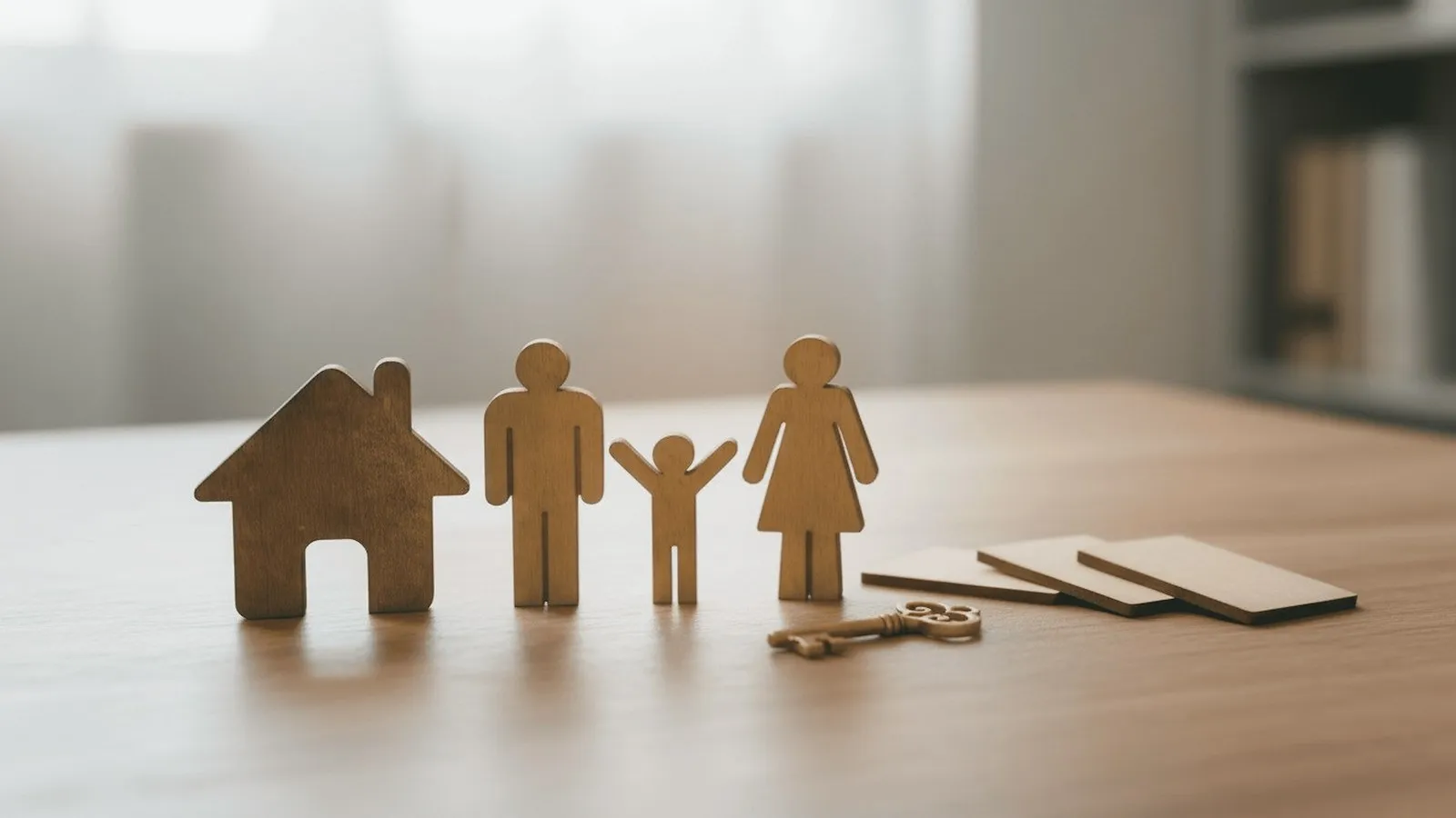 Des figurines en bois représentant une famille, une maison et une clé sur une table